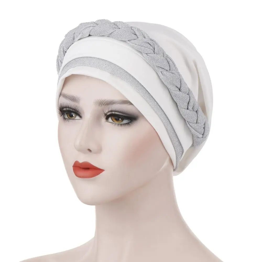 New Silky Bright Wire Braided Turban Hat Women Islamic Inner Hijab Caps Muslim Headscarf Chemo Headwrap Beanies Hair Accessories