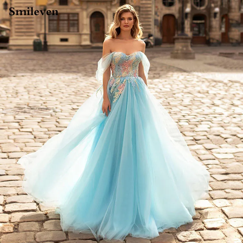 

Smileven A Line Blue Lace Prom DressesOff The Shoulder Long Prom Party Gowns Elegant Formal Evening Gowns