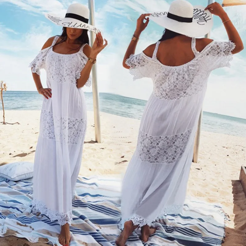 

Summer Women's Beach Dress Swimsuit Coverup Long Lace Bikini Cover Up Woman Maxi Casual Dresses White Kaftan Swim Bathing Suit