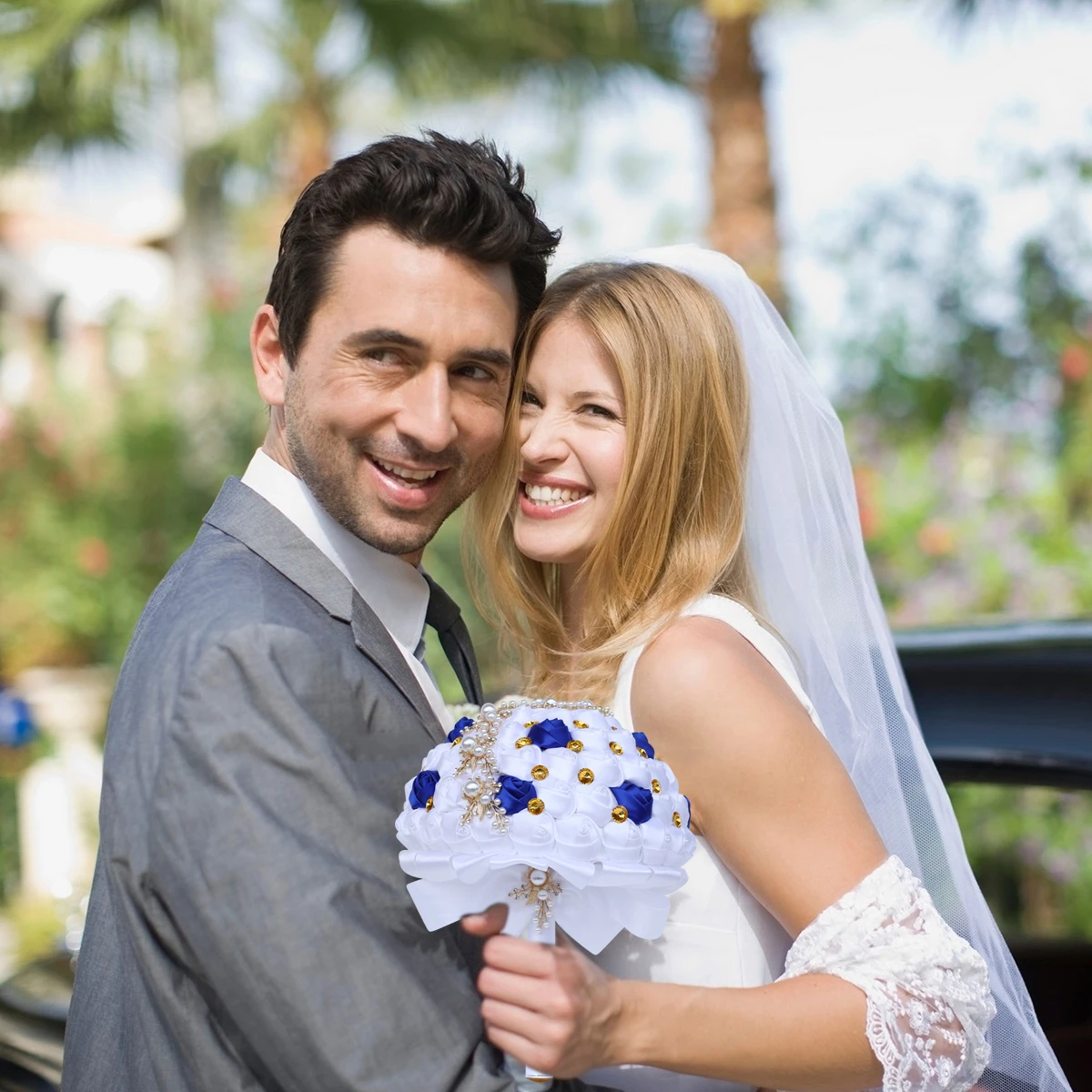 Promotional Wedding Bride Holding Bouquet Pure White Sapphire Blue Diamond Marriage Bouquet 668