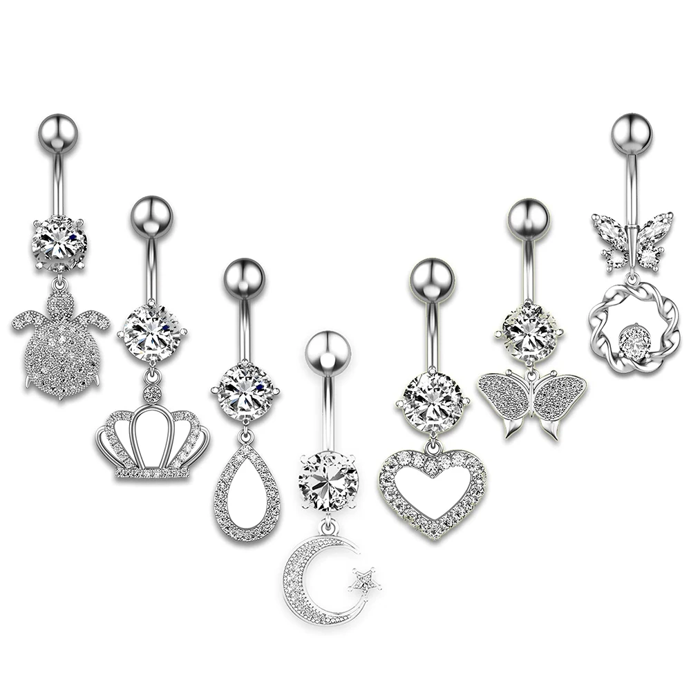 

7pcs/set 7 Styles Steel Crystal Piercing Ombligo Butterfly Crown Belly Button Rings Navel Rings for Women Body Piercing Jewelry