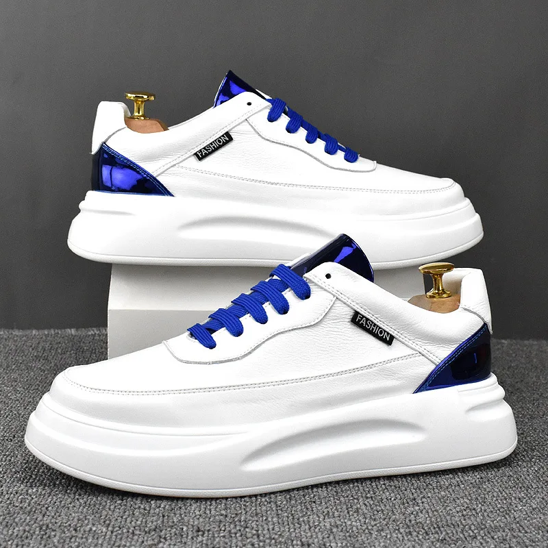 Korean style mens casual white shoes streetwear punk original leather sneakers lace-up derby platform shoe young footwear male