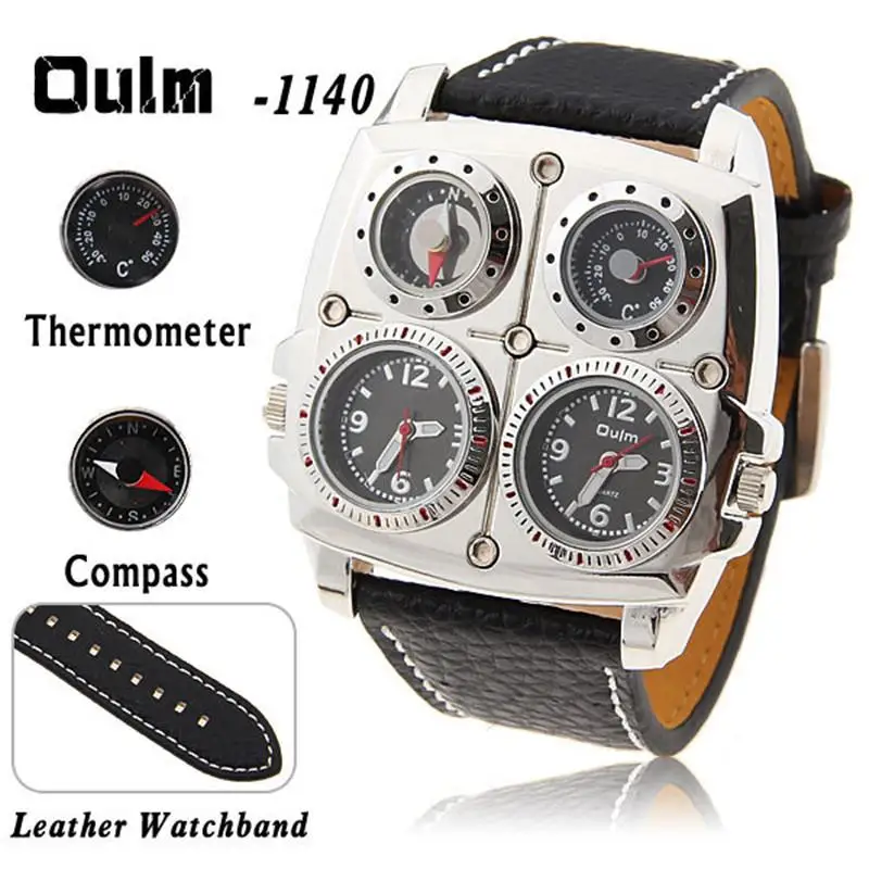 Retro Men\'s Watches Oulm New Male Quartz Clock Unique Design 3 Time Zone Casual Leather Men Sport Wristwatches