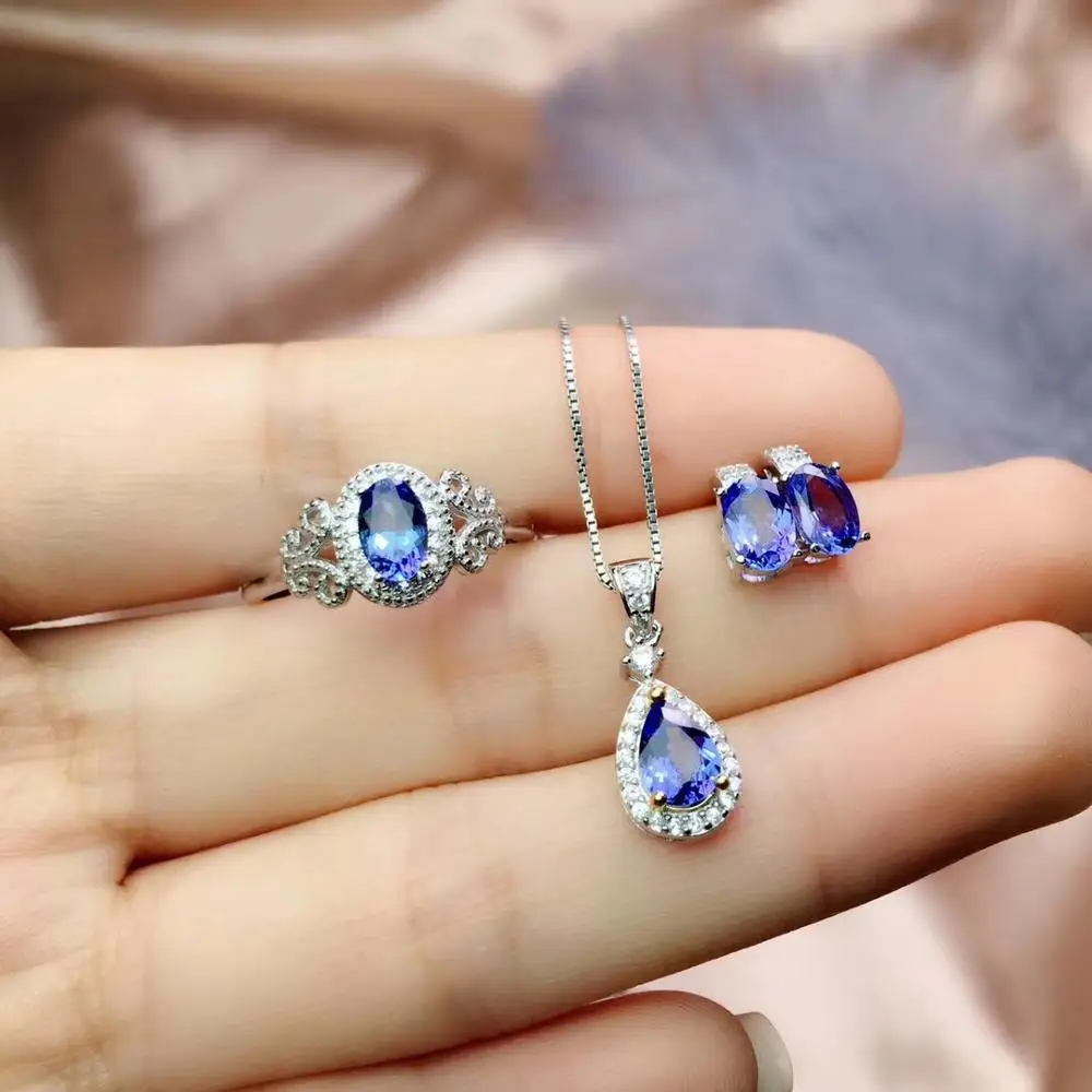 Free Shipping Natural Tanzanite jewelry set Natural Real Tanzanite 925 sterling silver 1pc pendant,1pc ring ,2pcs Earring