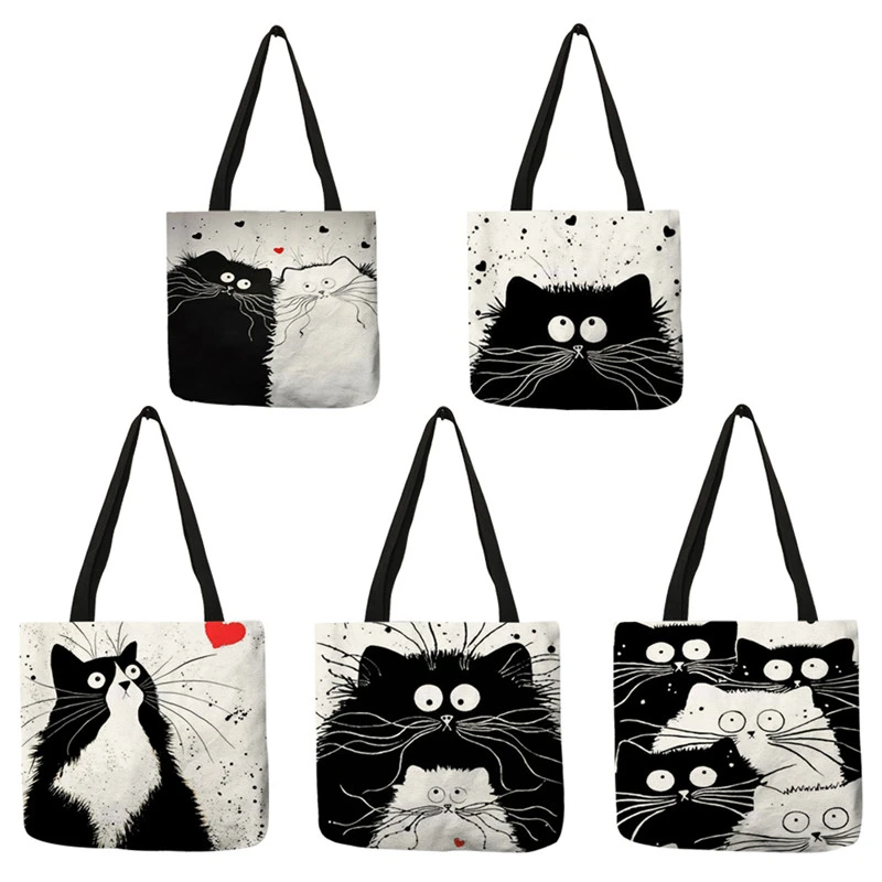 Customized Tote Shopping Bag Cute Cat Printing Women Handbag Linen Totes with Print Logo Casual Traveling Beach Bags