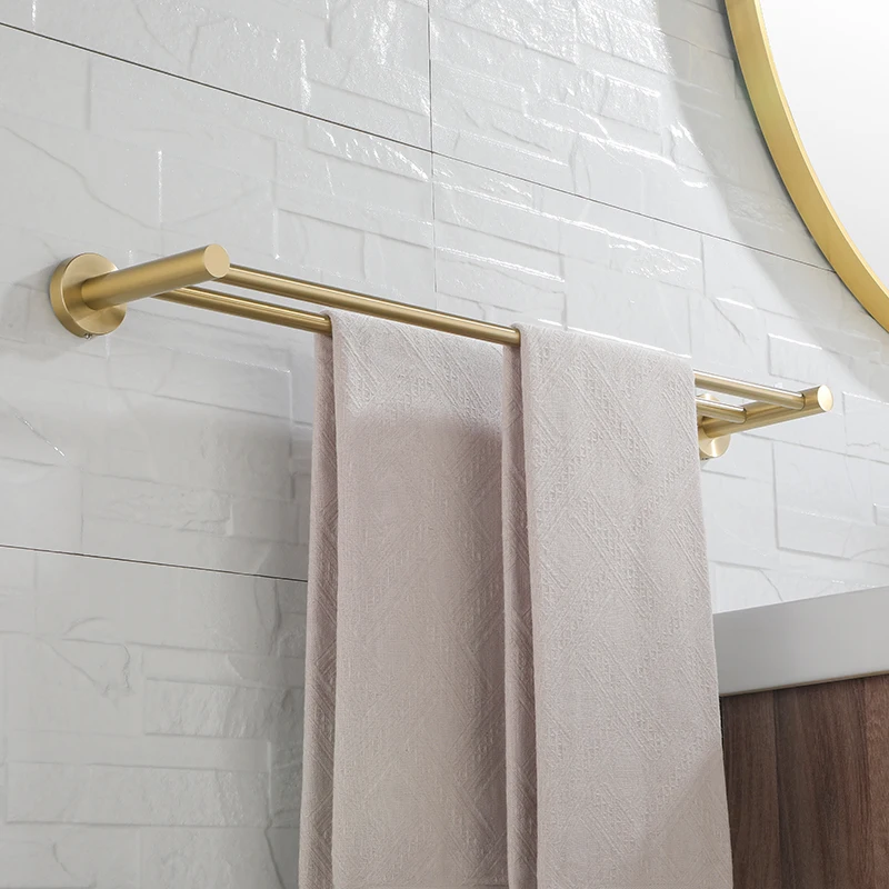 Vibrant Moderne Brushed Gold Towel Racks Fashion Gold Color Double Bar 304 Stainless Steel Bathroom Accessories Wall Mounted