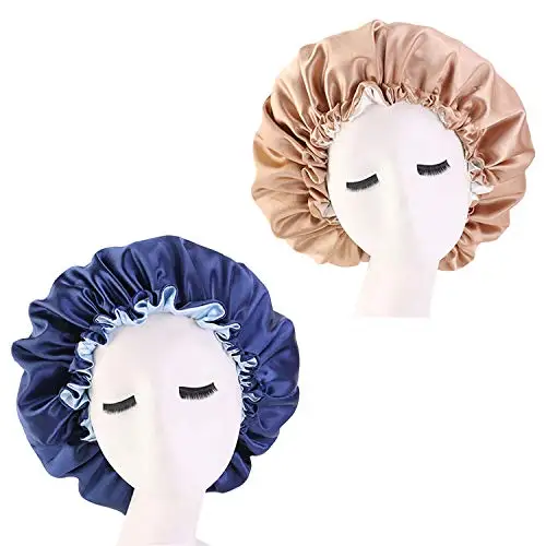 Timoey 2ชิ้นซาติน Bonnet Sleep Cap Double Reversible ปรับหมวก Bonnet สำหรับ Night Sleeping หมวกนอนซาติน