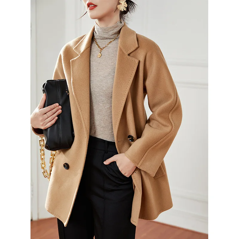 

Autumn New Style Wool Coat Women Short Camel Coat Winter Loose Cashmere Blazer Women Red Double-breasted Lace-up Coat Commuter