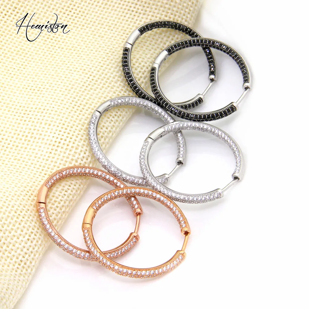 Hemiston Silver Rose Gold Color Full Paved Black White Zirconia Creole Hoop Earrings, Romantic Jewelry Gift For Women TS 126EX
