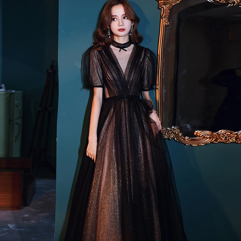 

Black Sequins Evening Dress Simple High Neck A-Line Fashion Short Sleeves Floor-Length Lace Up Woman Formal Party Gowns A1560