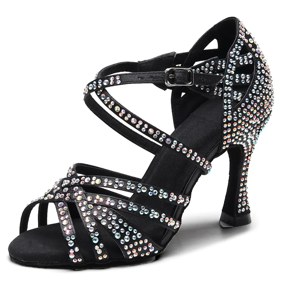 Outdoor Latin Jazz Salsa Dance Heel High Heels Shiny Urban Newmen Women Dancing Shoes Tap Heel Black