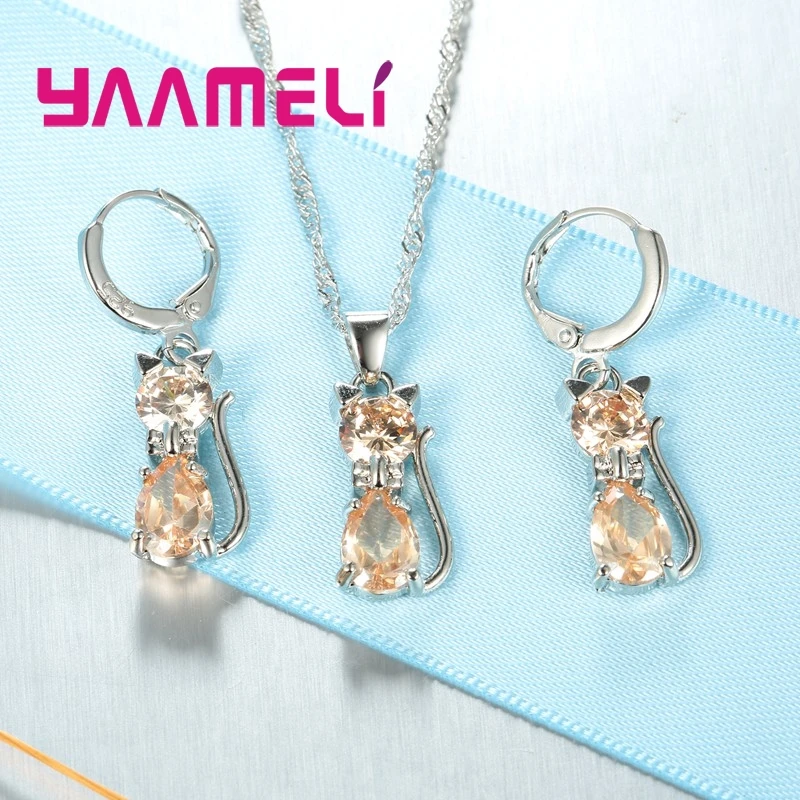 Conjunto de joyería Plata de Ley 925 auténtica para mujer y niña, de gato en colgante collar con 7 colores, cristal austriaco, pendiente Huggie