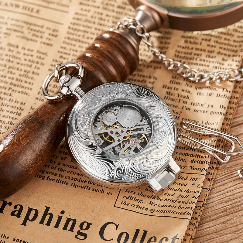 Reloj de bolsillo Vintage de acero inoxidable para hombre, esfera de esqueleto, plata, viento a mano, mecánico, cadena Fob, reloj colgante