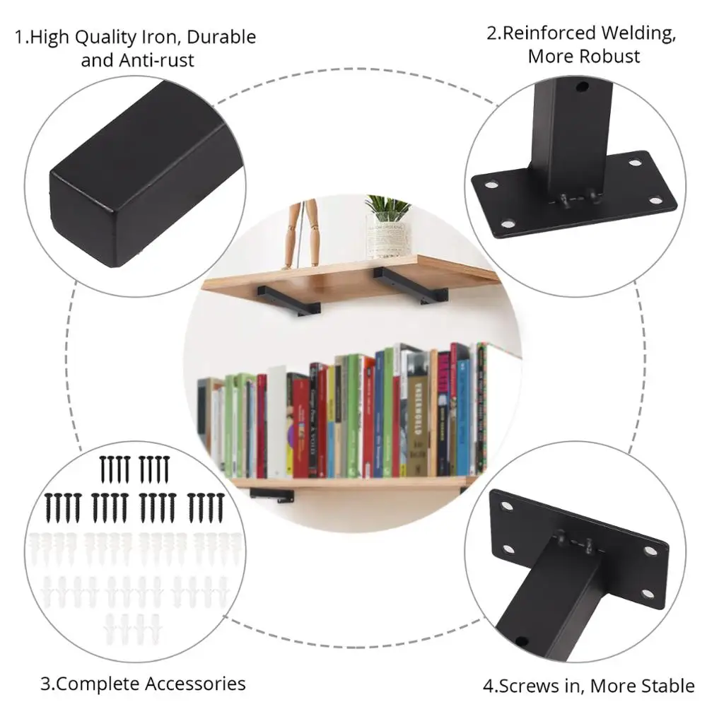 GARLLEN 4 Pcs 10นิ้วสีดำอุตสาหกรรมชั้นวางของตกแต่ง Heavy-Duty เหล็กชั้นวางสำหรับห้องน้ำห้องครัวห้องนอน