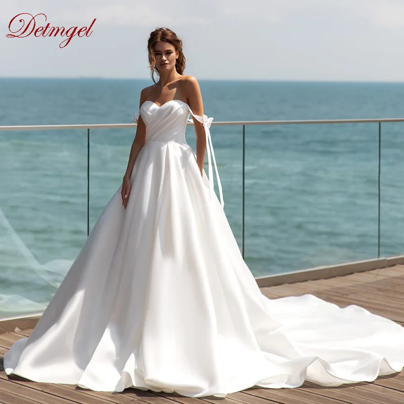

New Simple Sweetheart Neck Backless A Line Bridal Gown Classic Soft Satin Court Train Wedding Dress Robe De Mariée Customized