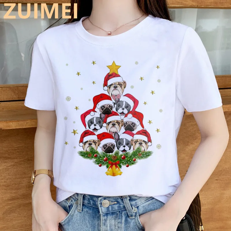 Funny Puppy Pug Santas Cap Print Harajuku Top Women T-shirt Casual ladies basic O-collar Short Sleeved T-shirt Girl,Drop Ship