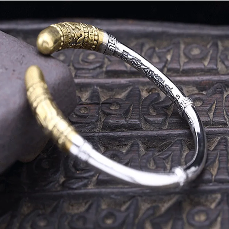 BOCAI New 100% s925 Silver Monkey King Wishful Golden Hoop Personality Open Six-character Mantra Man and Woman Bracelet