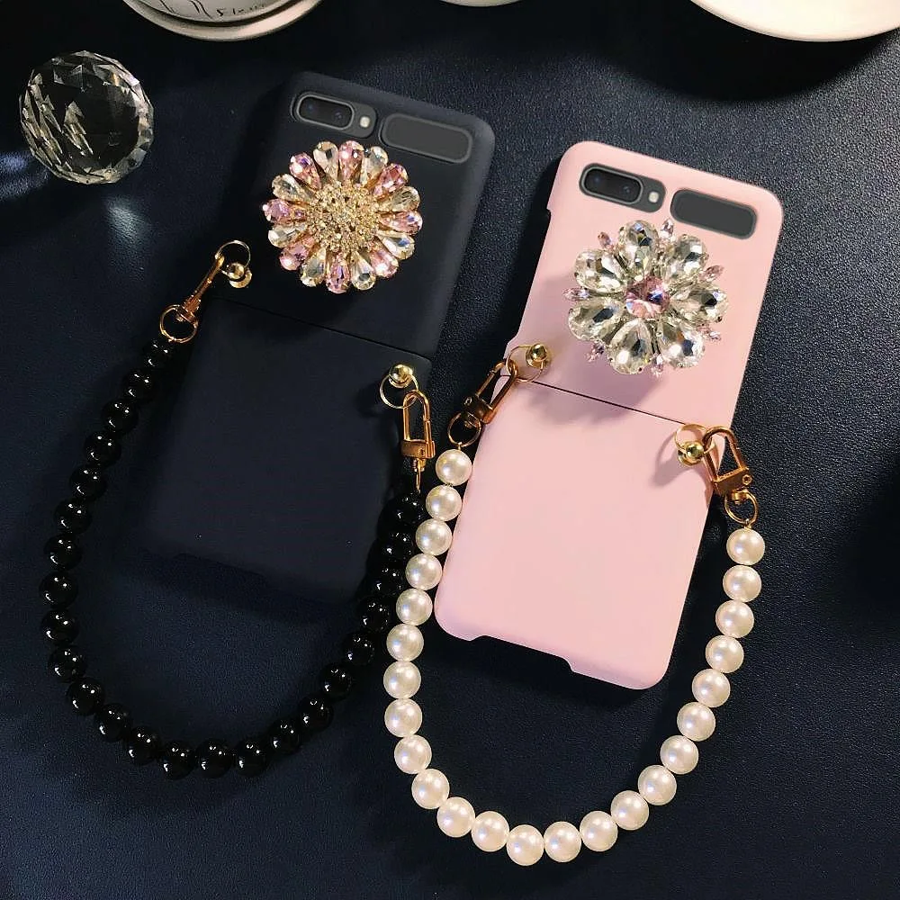 

Fashion Diamond Flower Stand Holder Bracket Pearl Hand Chain Case Cover For Samsung Galaxy Z Flip 6 5 4 3 5G Frosted Hard Cover