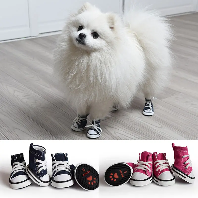 4 Pcs Dog Shoes Pet Cowboy Canvas Shoe Casual Pet Dog Anti-slip Waterproof Shoes Sneakers Breathable Booties For Small Dogs