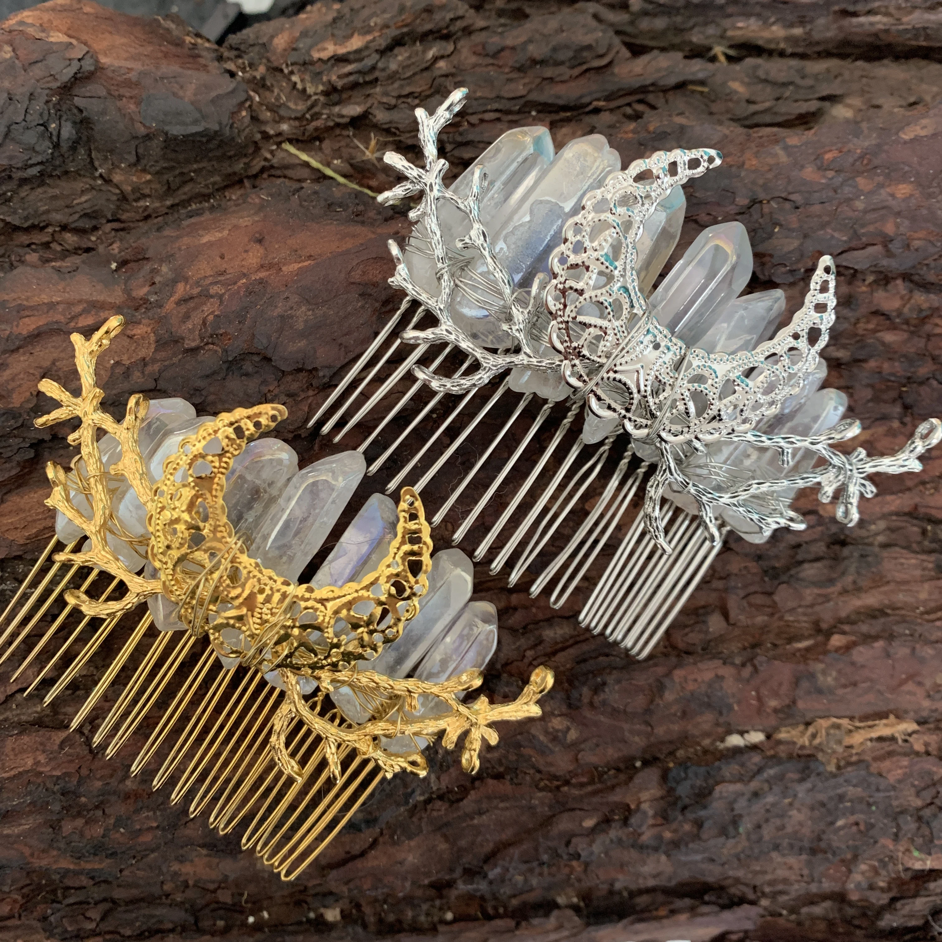 Raw Crystal Comb Witch Antique Wiccan Moon Crown Wedding Bridal Hair Accessories gifts