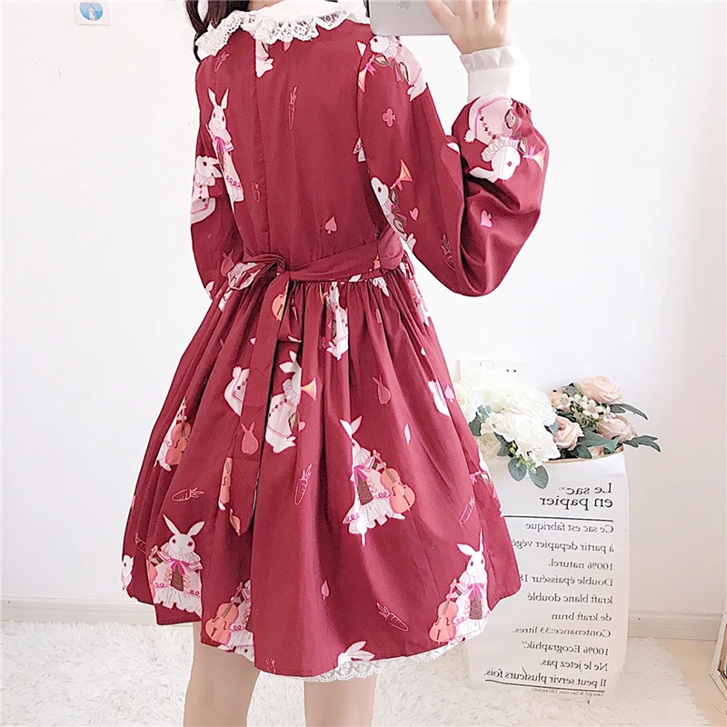 Cute Loli Japanese soft sister Lolita dress sweet doll collar printed rabbit waist waist was thin daily dress girls lolita skirt