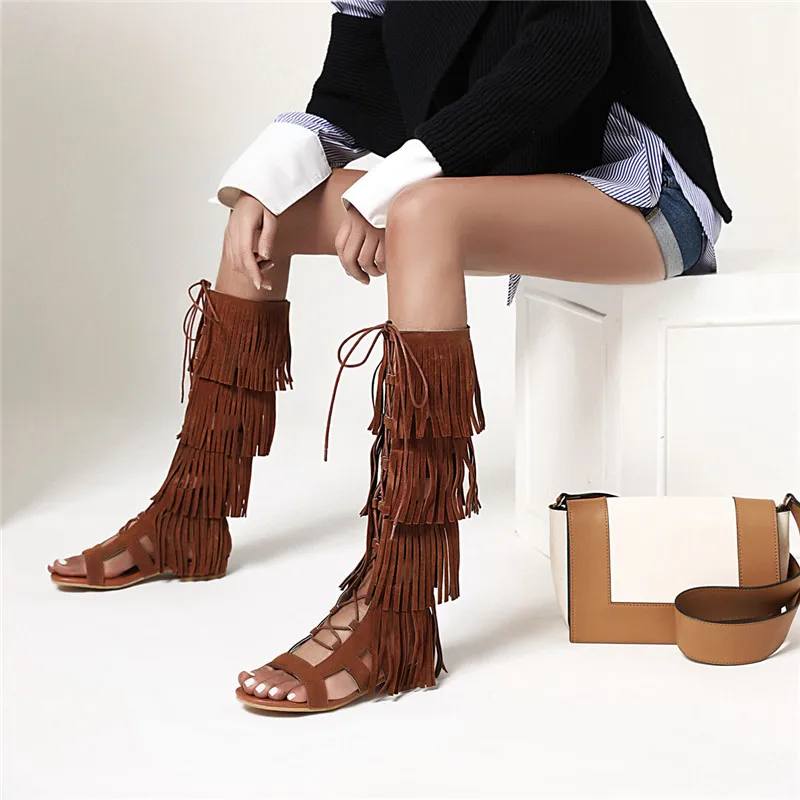 ASUMER 2024 new fashion knee high boots women flock zip cross tied tassel summer boots low heel casual gladiator shoes woman