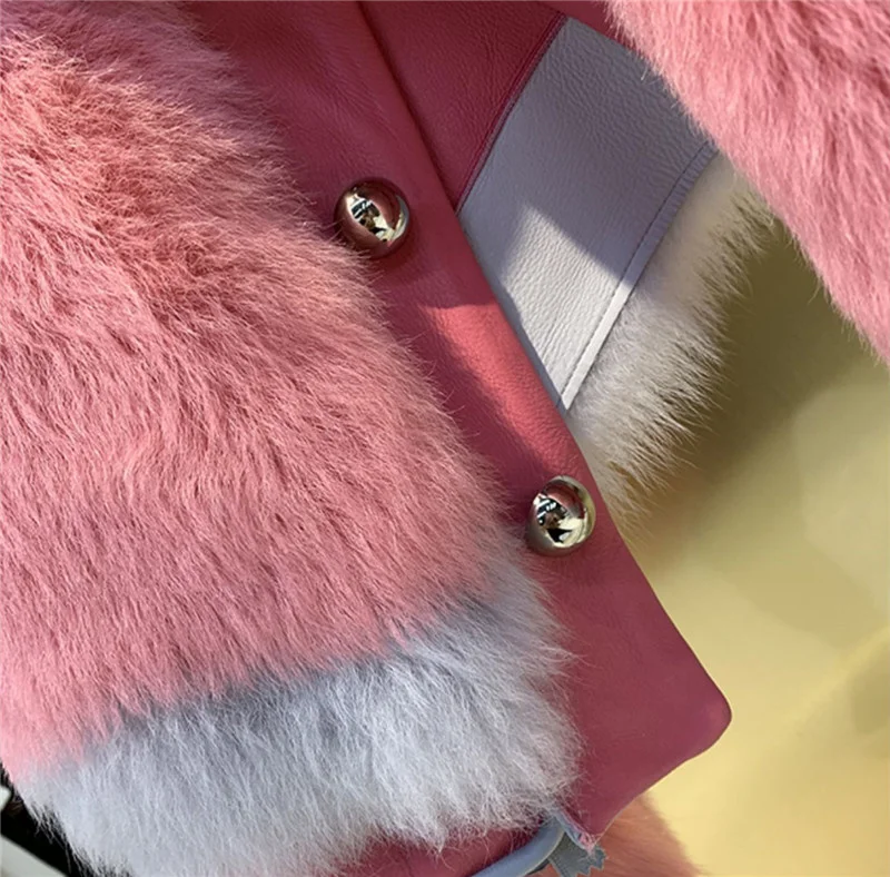 Chaqueta de piel de oveja auténtica para mujer, abrigo de color rosa de doble cara para invierno