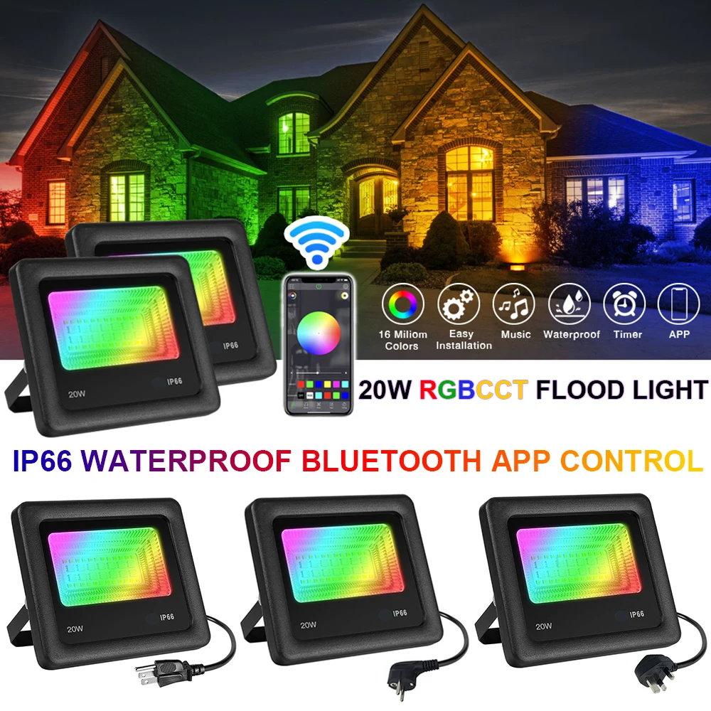 

LED Flood Lights RGB Changing 20W Bluetooth APP Control Waterproof Dimmable 27 Modes Flood Lights for Landscape Stage Party D30