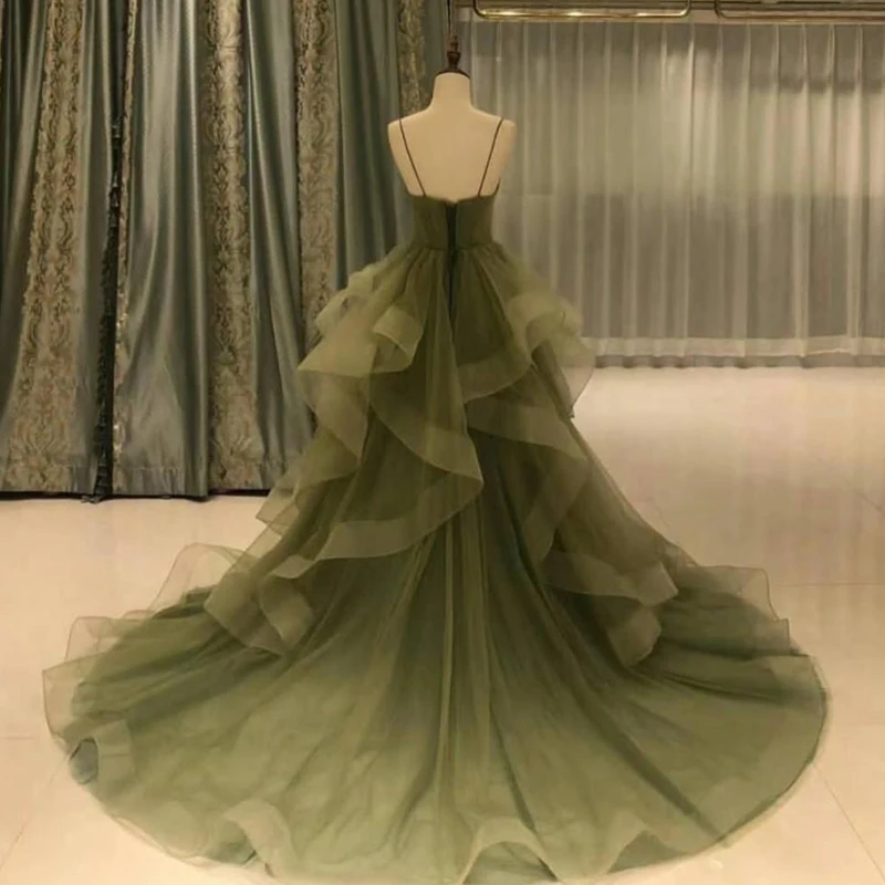 Olive Green Ruffles Skirt Homecoming Dresses Spaghetti Strap Ruched Sweep Train Prom Dress 2021