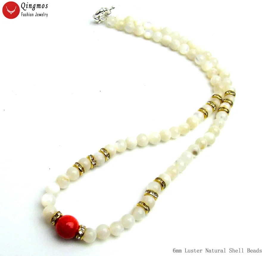 Qingmos Fashion Natural 10mm Round Red Coral Pendant Necklace for Women with 6mm White Shell Beads 18\