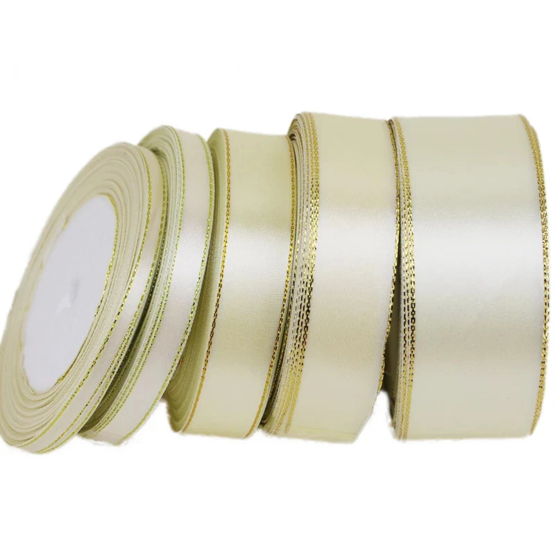 (25 yards/roll) beige gold Edge Satin Ribbon Wholesale Gift Christmas ribbons (6/10/20/25/40mm)