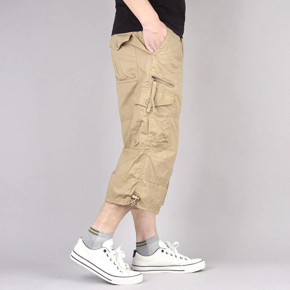 Summer Men\'s Casual Cotton Cargo Shorts Overalls Long Length Multi Pocket Hot breeches Pants Male Cropped Pants