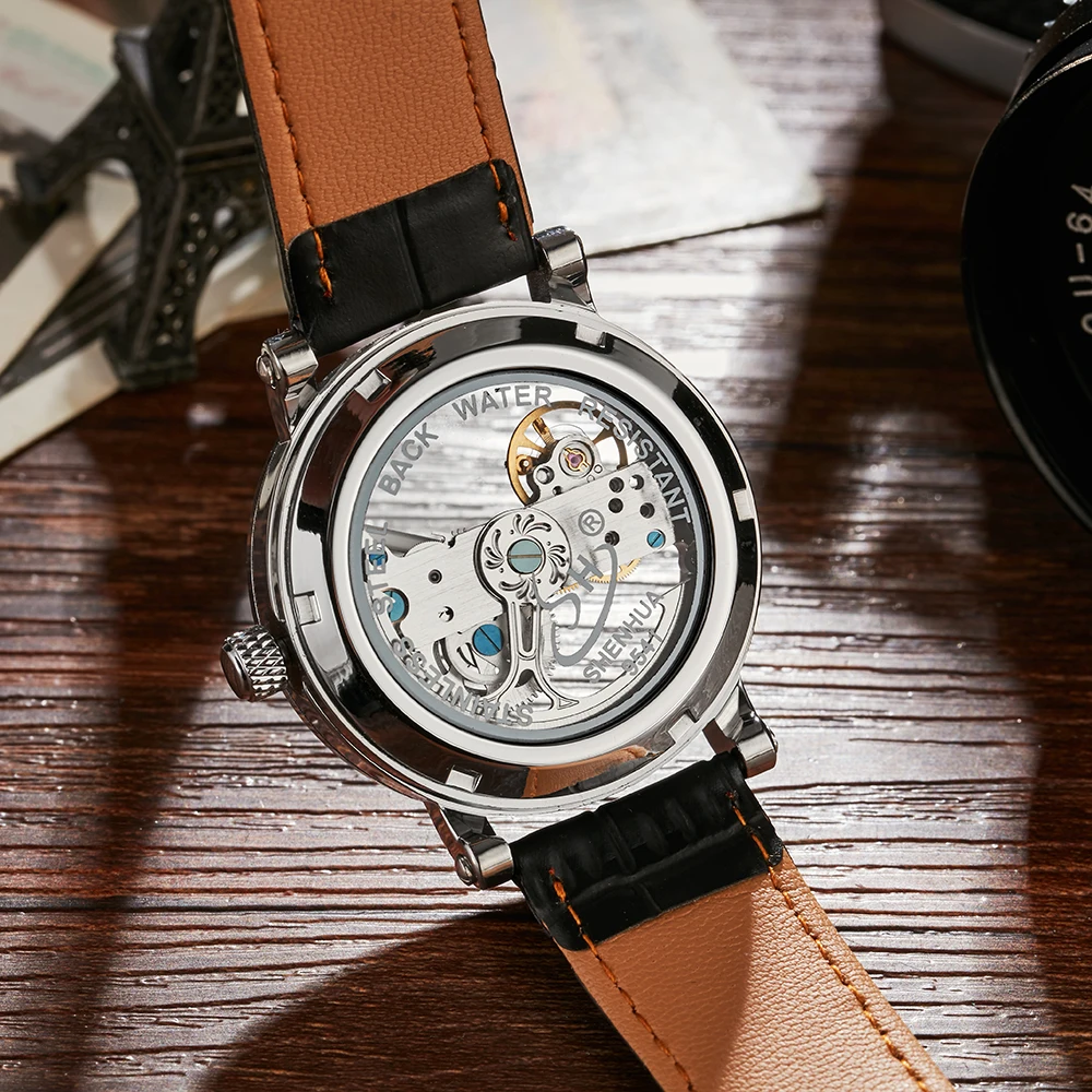 Transparent Automatic Mechanical Watch Men Steampunk Skeleton Bridge Luxury Self Winding Leather Male Watches TODO  montre homme