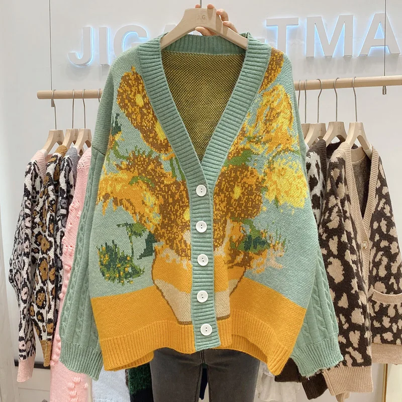 Korobov 2021 Autumn New Vintage Harajuku Sweaters Korean Floral Embroidery V Neck Midi Length Cardigans Japanese Kawaii Cardigan