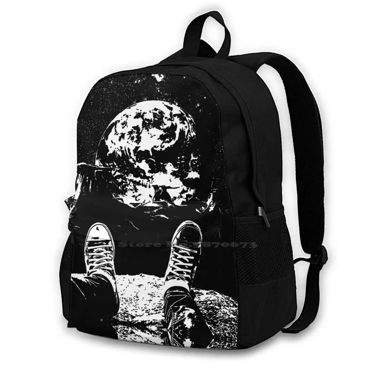 On Moon School Bags Travel Laptop Backpack Moon Black White