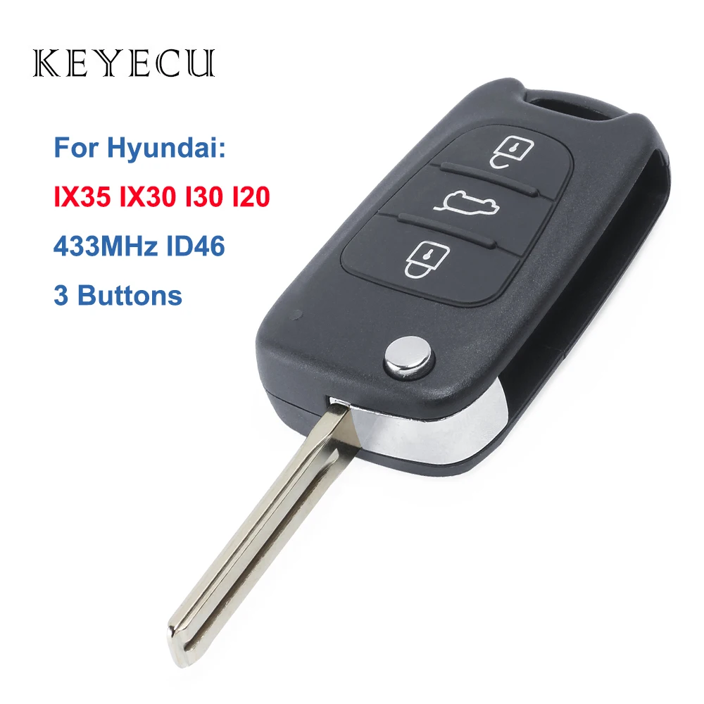 Keyecu Flip Remote Key Fob for Hyundai IX35 I20 I30 2008 2009 2010 2011 2012, 3 Button 433MHz ID46 Chip Car Key