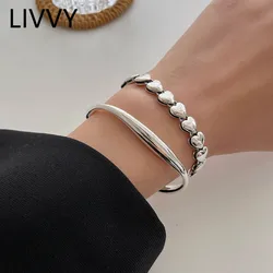 LIVVY Silver Color Love Heart Chain Bracelet Female Sweet Retro Simple Fashion Couples Bangles Handmade Jewelry Gift