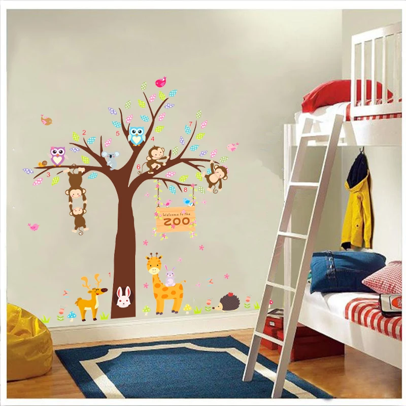 lovely owl monkey giraffe tree zoo wall stickers for kids rooms home decor cartoon animals wall decals pvc mural art diy posters