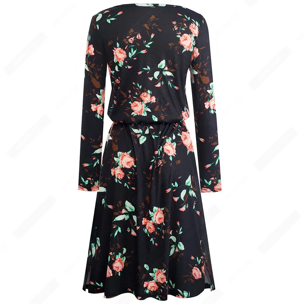 Autumn Women Classy Black Floral Print Casual Shift Midi Dress with Pockets EA171