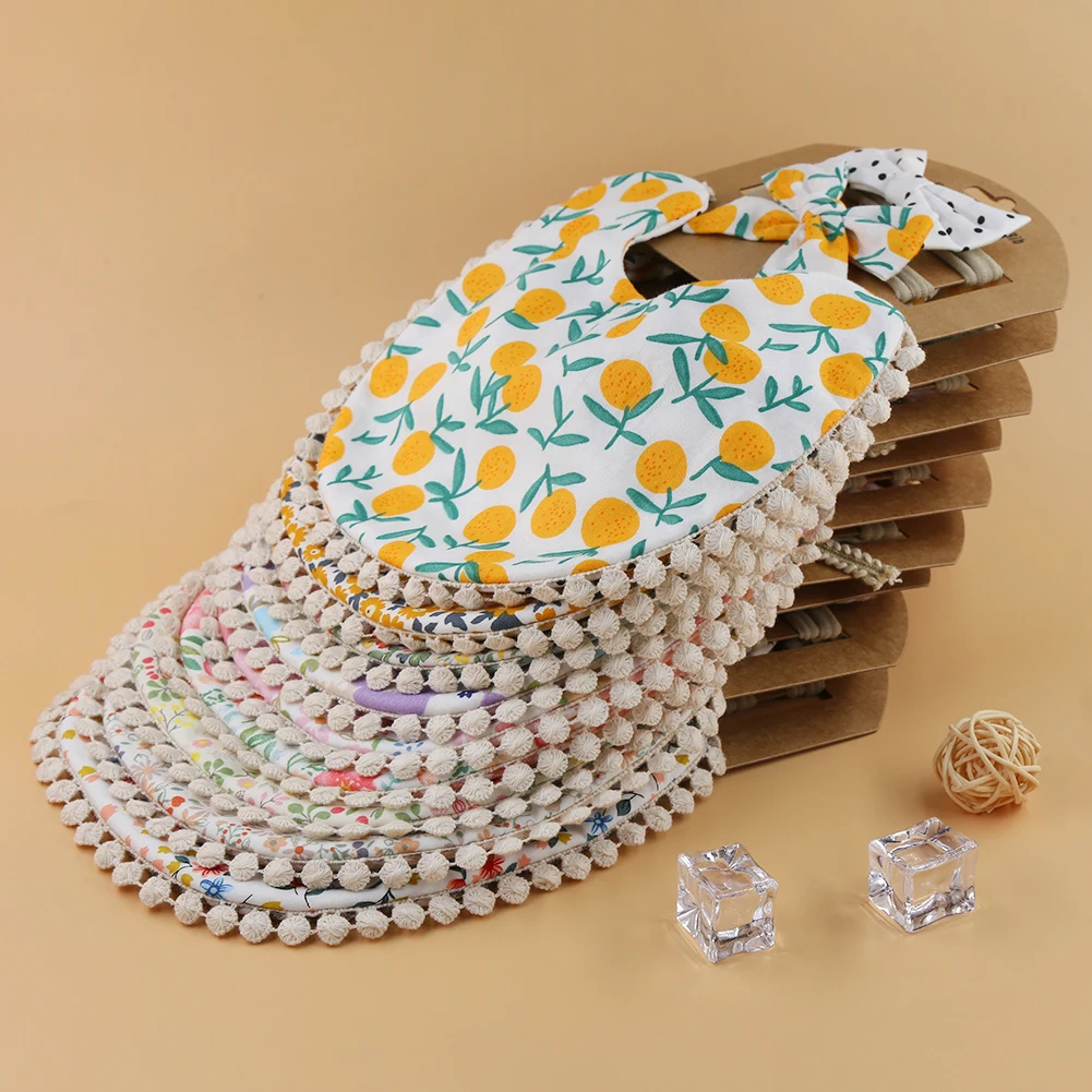 

4Sets/Lot Infant Burp Clothes Hair Bow Tie Headband Cotton Baby Boy Girl Bibs Kids Floral Saliva Towel Feeding Double-deck Scarf