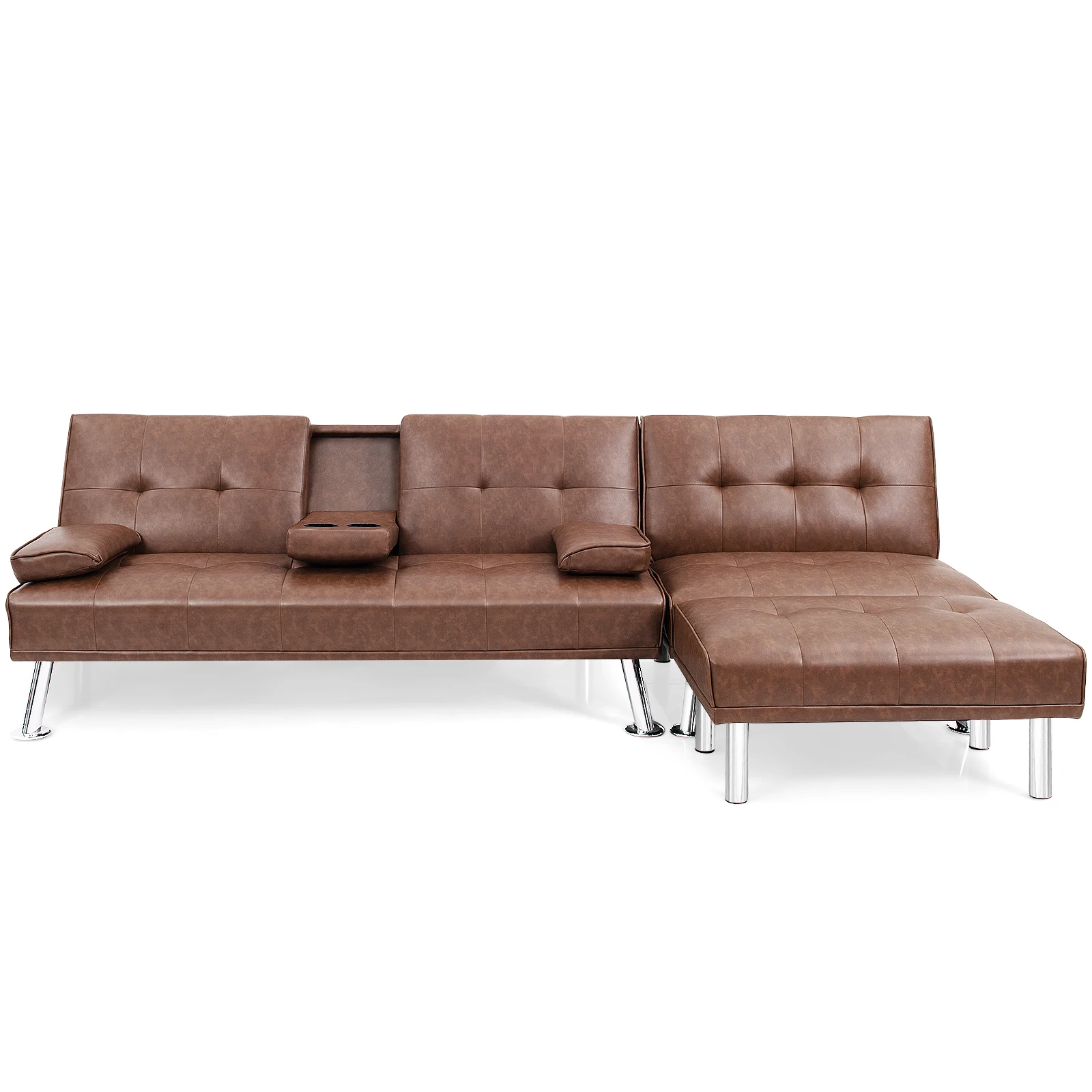 Giantex 3-Piece Sectional Sofa Set Convertible Futon w/Single Sofa&Ottoman Brown HW66915CF+HV10004CF+JV10015CF