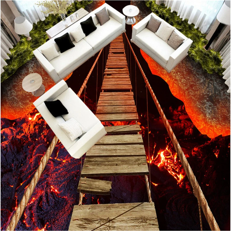 Large custom flooring 3d adventure rope bridge volcanic lava living room bathroom floor decoration painting 3d Papel de parede