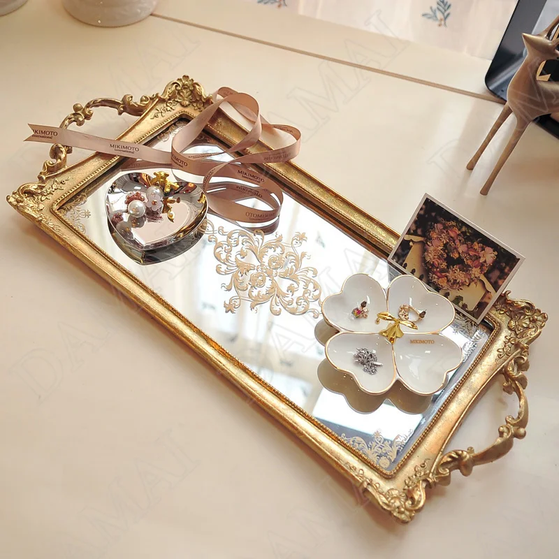 

European Resin Mirror Storage Tray Relief Decor Bedroom Jewelry Organizer Afternoon Tea Cake Trays Creativity Home Decoration