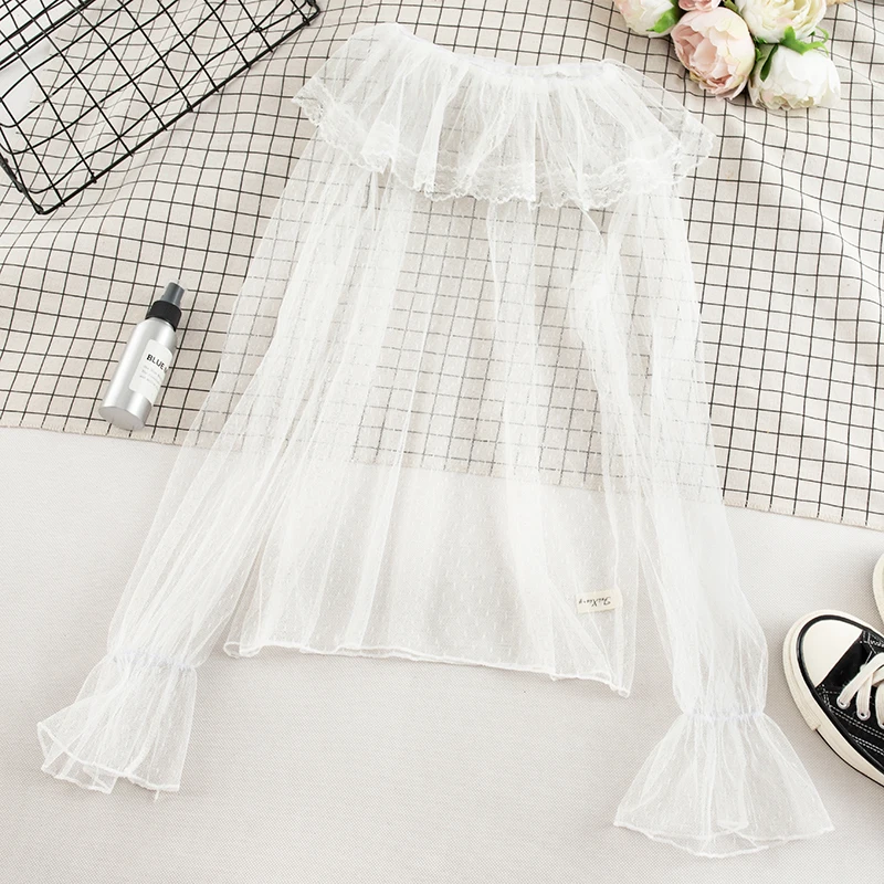 Chemise Vintage à manches évasées pour femmes, col Peter Pan, maille en dentelle à pois, fleur, gaze, à volants basiques, nouveau pull Slim élastique