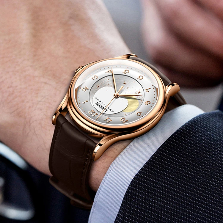 luxury watch for men,mens moon phase watches LOBINNI man automatic mechanical wristwatch waterproof dress moonphase montre gold