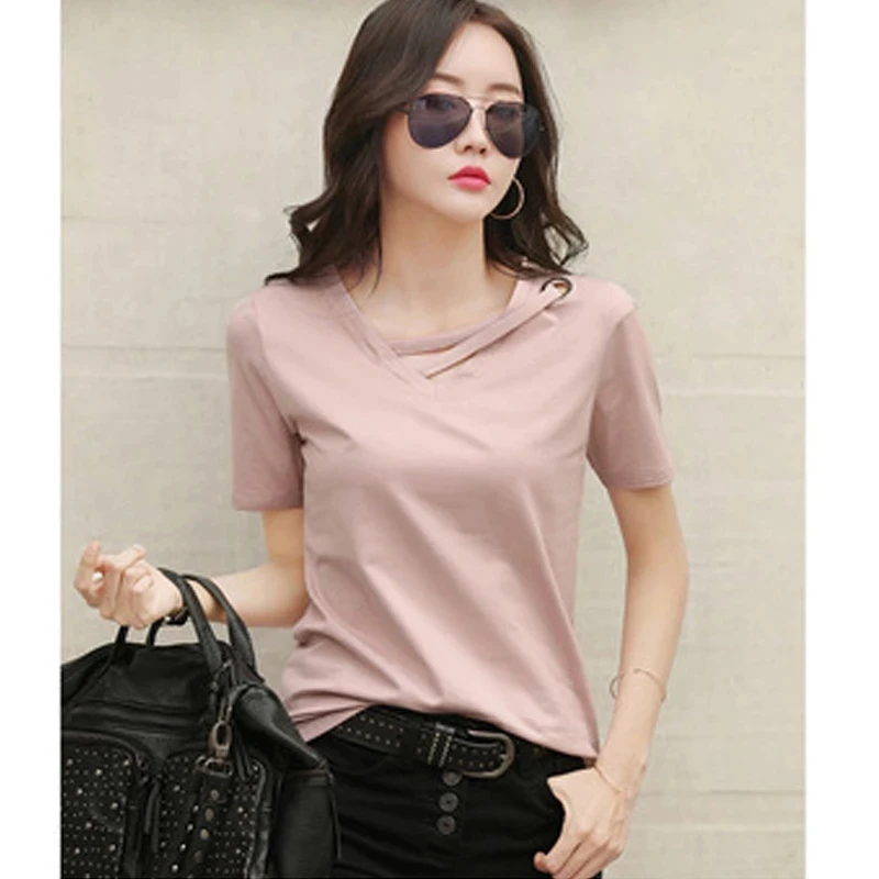 2024 new summer short sleeve women white t-shirt women V-neck loose Korean black top casual compassionate trend t shirt women
