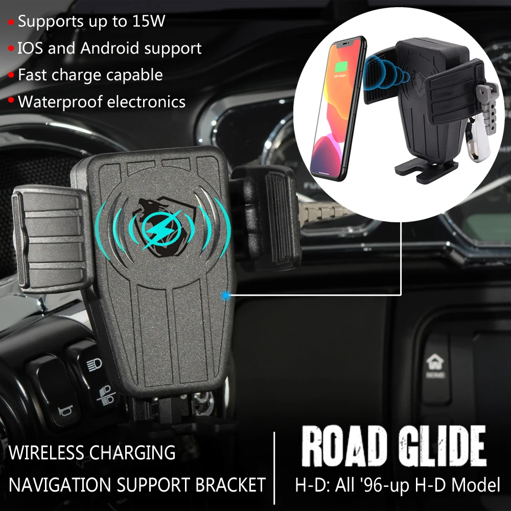 Motorcycle GPS Phone Holder Wireless Charging Navigation Support Bracket For Harley Road Glide 1996-up Clutch Rake Perch Mounts