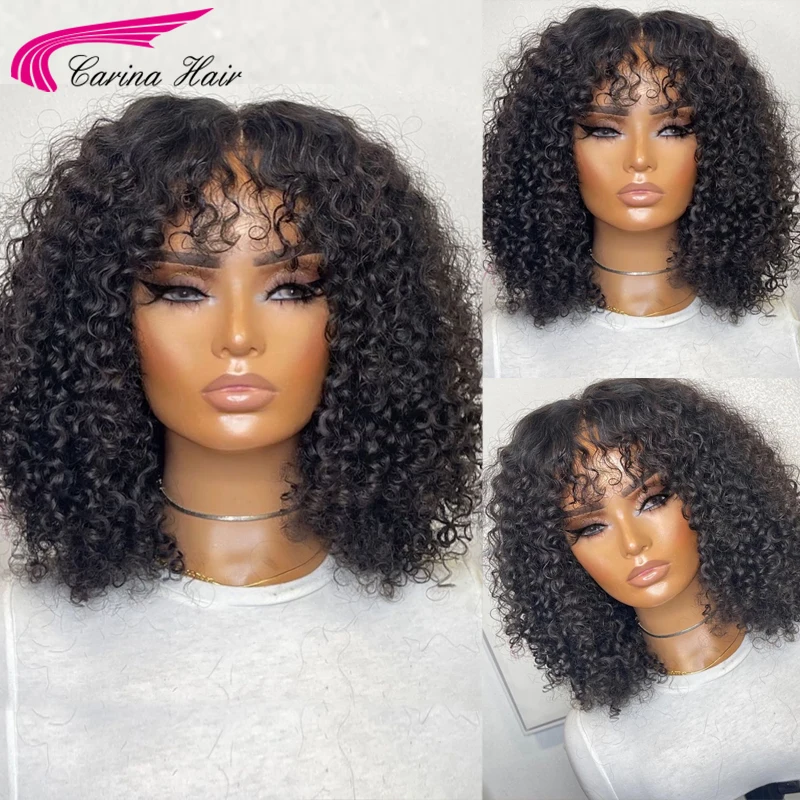 

Jerry Curly Human Hair Wigs with Bangs 200 Density Glueless Peruvian Remy Short Bob Full Machine Made Wigs for Women