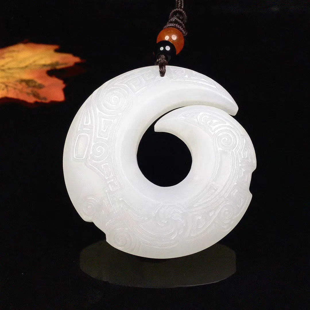 Natural White Jade Rune Pendant Necklace Double-Sided Hand-Carved Charm Jewelry Fashion Accessories Amulet for Men Women Gifts