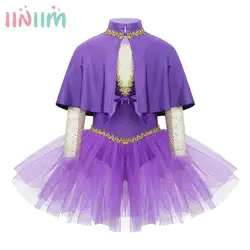 Kids Halloween Theme Party Circus Showman Cosplay Costume Girls Sequin Glitter Mesh Dance Leotard Dress with Cape Arm Sleeves